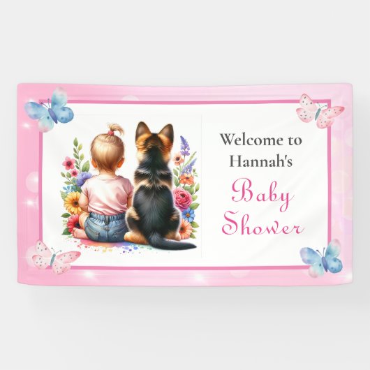 Baby meisje en haar puppy welkom Baby shower Spandoek (Horizontaal)
