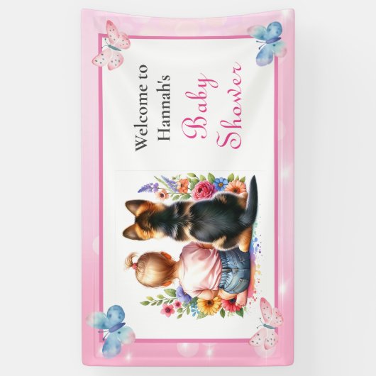 Baby meisje en haar puppy welkom Baby shower Spandoek (Verticaal)