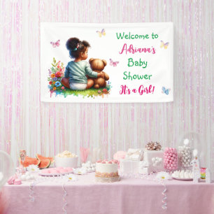 Baby Meisje en haar Teddy Beer   Baby shower voor  Spandoek