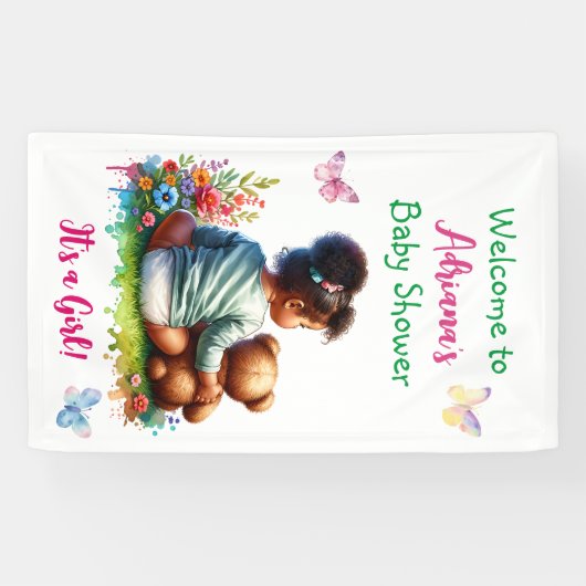 Baby Meisje en haar Teddy Beer | Baby shower voor  Spandoek (Horizontaal)