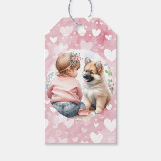 Baby Meisje en Puppy Roze Baby shower Cadeaulabel (Voorkant)