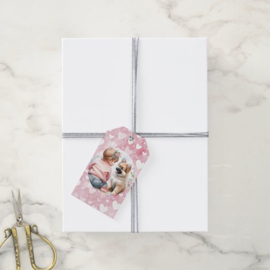 Baby Meisje en Puppy Roze Baby shower Cadeaulabel (Met Touw)