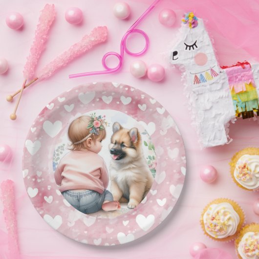 Baby Meisje en Puppy Roze Baby shower Papieren Bordje (Feest)
