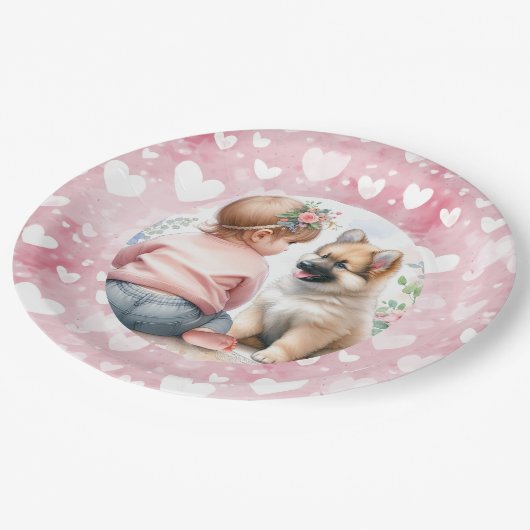 Baby Meisje en Puppy Roze Baby shower Papieren Bordje (Gekanteld)