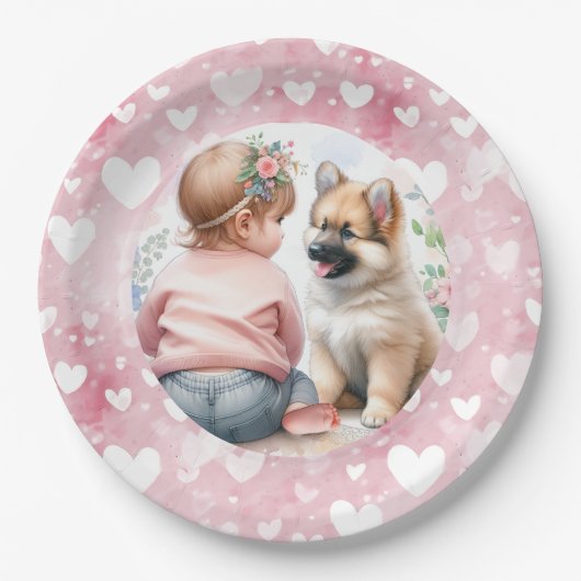Baby Meisje en Puppy Roze Baby shower Papieren Bordje (Voorkant)
