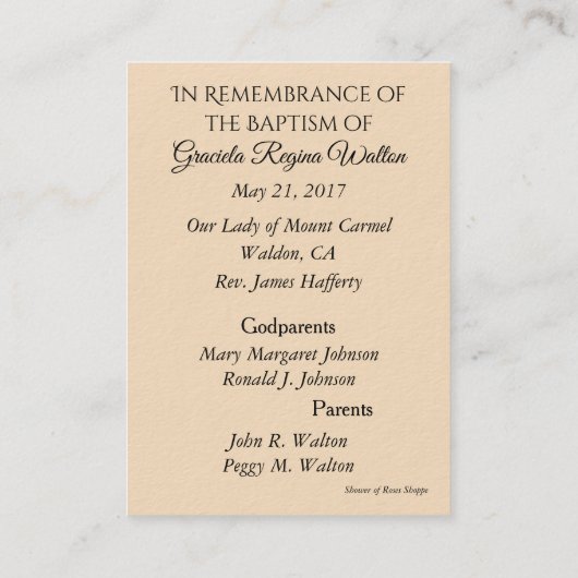 Baby Meisje Engel Doopherdenking Heilige Kaart Visitekaartje (Achterkant)