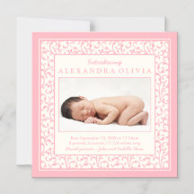 Baby Meisje Foto Damask Bloemen Aankondiging Geboo