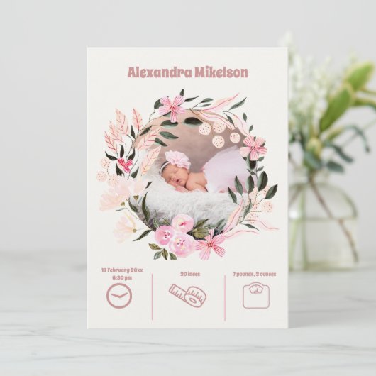 Baby meisje foto moderne geboorte aankondiging (Staand voorkant)