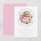 Baby Meisje Foto Roze Moderne Elegante Bloem Geboo Aankondigingskaart (Voorkant / Achterkant)