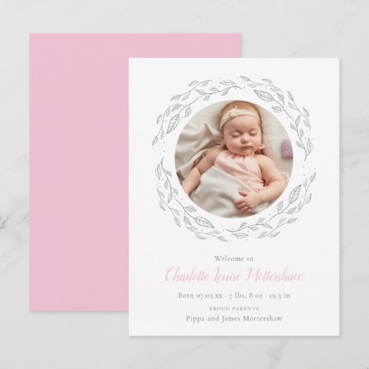 Baby Meisje Foto Roze Moderne Elegante Bloem Geboo Aankondigingskaart (Voorkant / Achterkant)