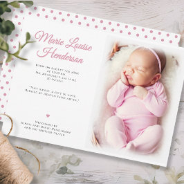 Baby Meisje Foto Roze Stippen Geboorteaankondiging Bedankkaart