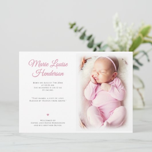 Baby Meisje Foto Roze Stippen Geboorteaankondiging Bedankkaart (Staand voorkant)