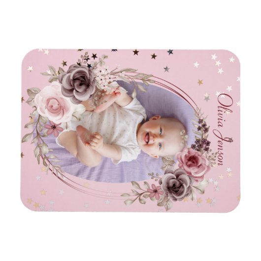 Baby Meisje Foto Schattige Elegant Modern Roze Blo Magneet (Horizontaal)