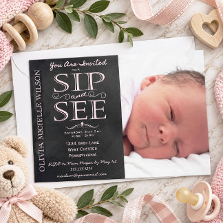 Baby Meisje Foto Sip en Zie Uitnodiging