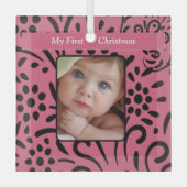 Baby Meisje Foto Zwart Rosey Roze Mijn 1e Kerstmis Glas Ornament (Voorkant)
