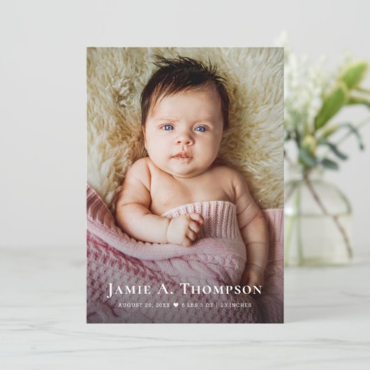 Baby Meisje Foto's Bedankt Hart Moderne Geboorte Aankondiging (Staand voorkant)