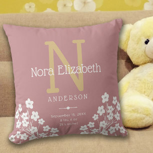 Baby Meisje Geboorte Stats Bloemen Monogram Kinder Kussen