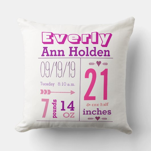 Baby Meisje Geboorte Stats Roze en Paarse Kussen (Voorkant)