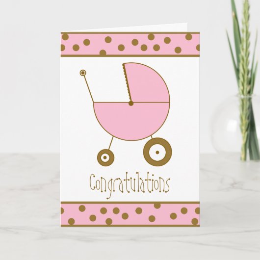 Baby Meisje Gefeliciteerd Kaart - Roze kinderwagen (Voorkant)
