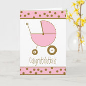 Baby Meisje Gefeliciteerd Kaart - Roze kinderwagen (Gele Bloem)
