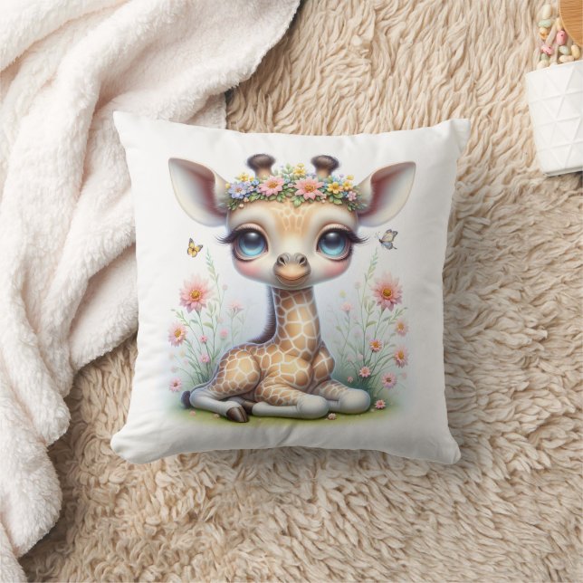 Baby meisje Giraffe met bloemen Kussen (Deken)