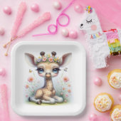 Baby meisje Giraffe met roze bloemen Papieren Bordje (Feest)