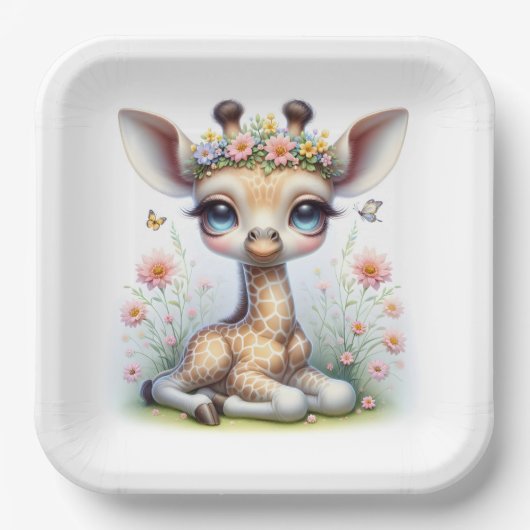 Baby meisje Giraffe met roze bloemen Papieren Bordje (Voorkant)