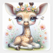 Baby meisje Giraffe met roze bloemen Vierkante Sticker (Voorkant)