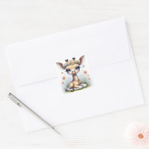 Baby meisje Giraffe met roze bloemen Vierkante Sticker
