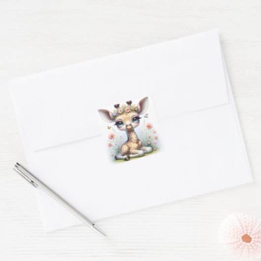 Baby meisje Giraffe met roze bloemen Vierkante Sticker (Envelop)