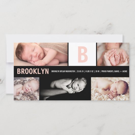 Baby Meisje Groot Roze Initiaal 5 Foto Collage Geb Aankondiging (Voorkant)