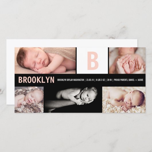 Baby Meisje Groot Roze Initiaal 5 Foto Collage Geb Aankondiging (Voorkant / Achterkant)