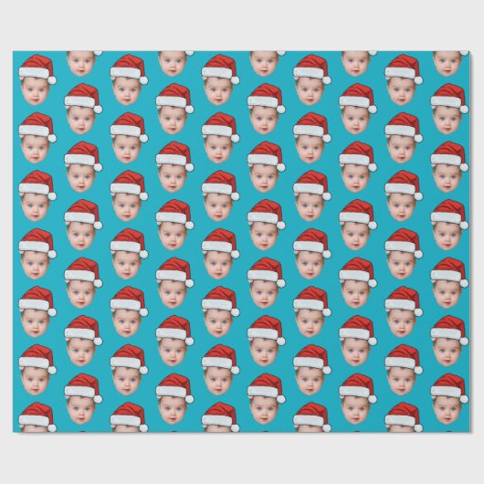 Baby Meisje Hoofd Gezicht Foto Santa Hat Xmas Blau Cadeaupapier (Vlak)