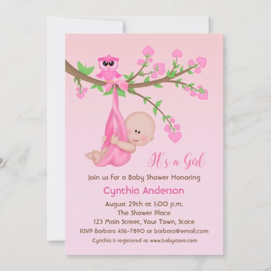 Baby Meisje in Boom, Roze, Baby shower Kaart (Voorkant)