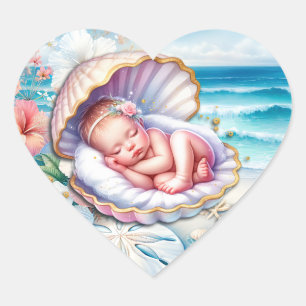Baby Meisje in een Seashell Baby shower Hart Sticker