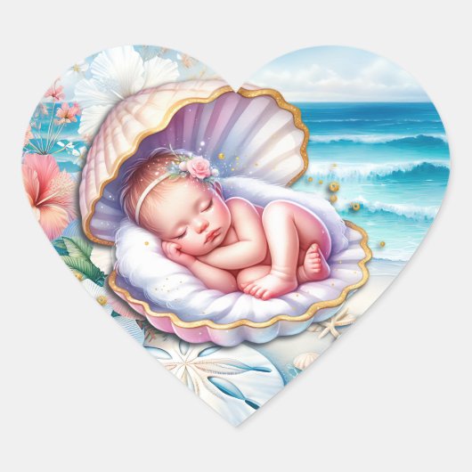 Baby Meisje in een Seashell Baby shower Hart Sticker (Voorkant)