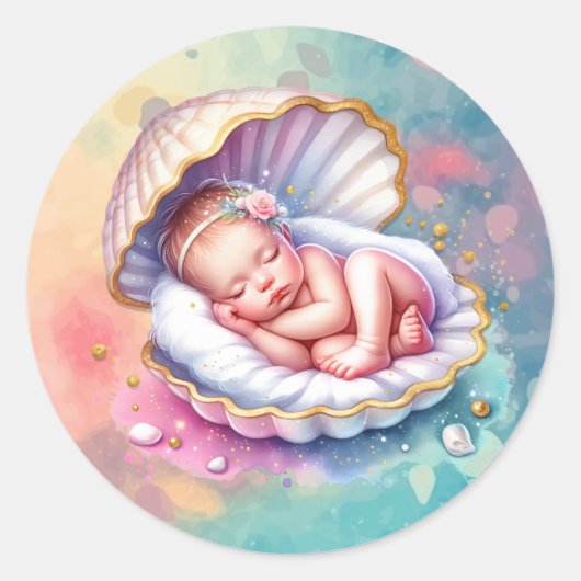 Baby Meisje in een Seashell Baby shower Ronde Sticker (Voorkant)