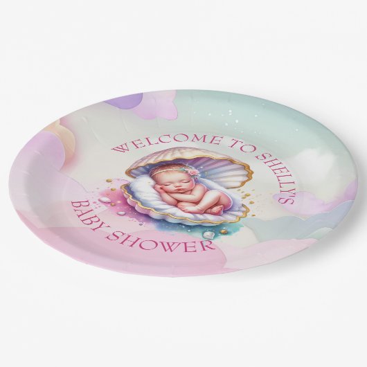 Baby Meisje in Seashell Baby shower Grote Zuster o Papieren Bordje (Gekanteld)