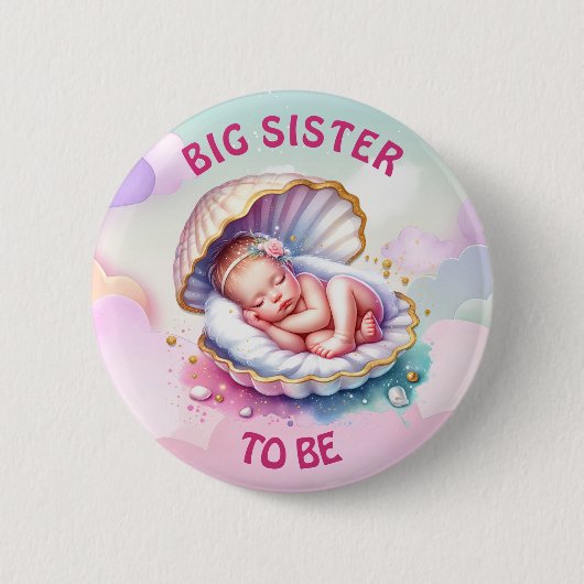 Baby Meisje in Seashell Baby shower Grote Zuster o Ronde Button 5,7 Cm (Voorkant)