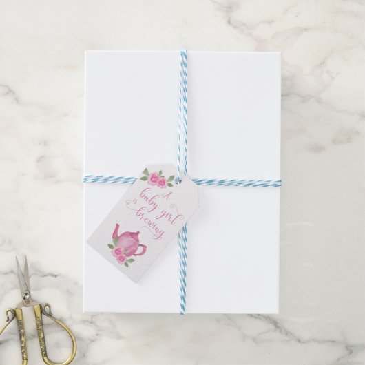 Baby Meisje is Brouwen Roze Theepot en Bloemen Cadeaulabel (Met Touw)
