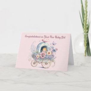 Baby Meisje Kaart Carriage Flowers & Baby
