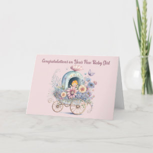Baby Meisje Kaart Carriage Flowers & Baby
