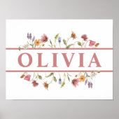 Baby Meisje Kinder Roze Wildbloem Naam Wall Art Poster (Voorkant)