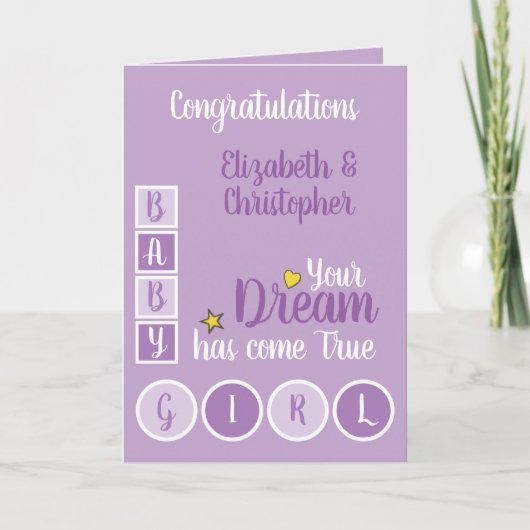 Baby Meisje liefde en koesteren paarse en geel Kaart (Voorkant)