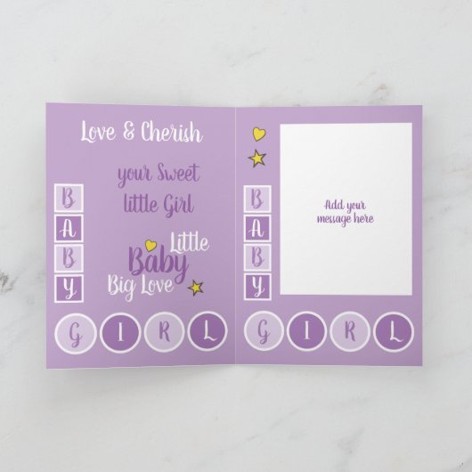 Baby Meisje liefde en koesteren paarse en geel Kaart (Binnen)