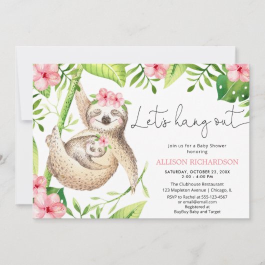 Baby meisje luiaard roze groen tropisch baby showe kaart (Voorkant)