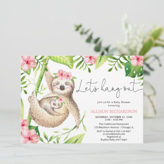 Baby meisje luiaard roze groen tropisch baby showe kaart (Staand voorkant)