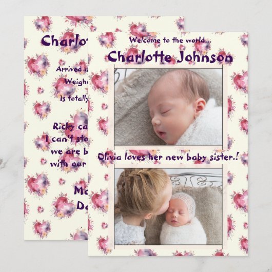 Baby Meisje met Broer en Zusje Nieuwe Aankomst Aankondiging (Voorkant / Achterkant)