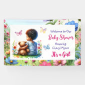 Baby Meisje met haar Teddy Bear Baby shower Welkom Spandoek (Horizontaal)