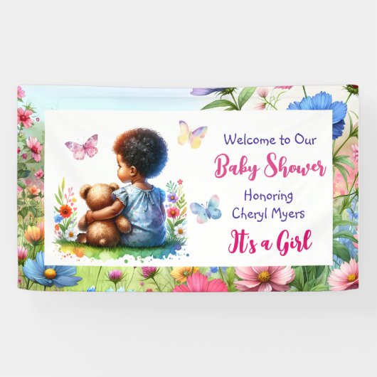 Baby Meisje met haar Teddy Bear Baby shower Welkom Spandoek (Horizontaal)